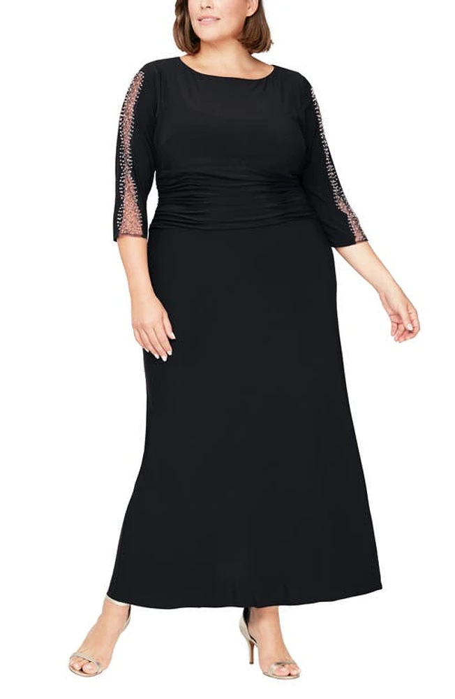 SL FASHIONS Embellished Sleeve Ruched Gown Blk at Nordstrom,