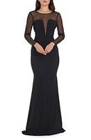 Dress the Population Val Rhinestone Illusion Lace Detail Long Sleeve Mermaid Gown Black at Nordstrom,