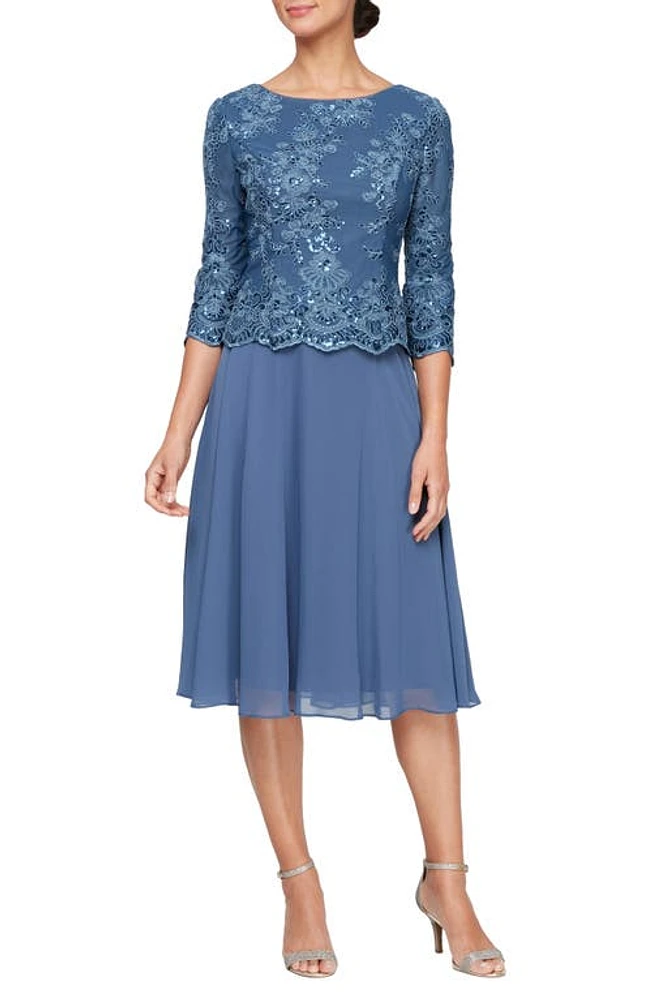 Alex Evenings Sequin Embroidery Mixed Media Cocktail Dress in Vintage Blue at Nordstrom, Size 14