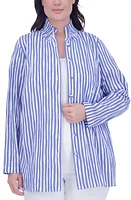 Foxcroft Carolina Stripe Crinkled Cotton Blend Button-Up Shirt at Nordstrom,