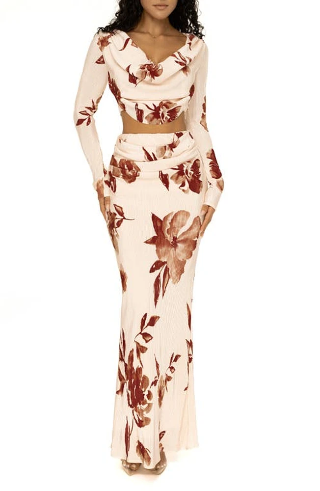 JLUXLABEL Haidyn Floral Long Sleeve Crop Top & Maxi Skirt Set Beige at Nordstrom,