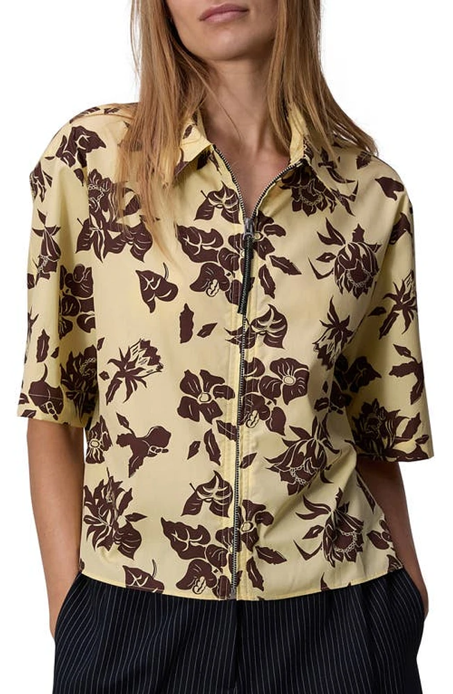 rag & bone Junie Floral Cotton Poplin Zip Top Yellow/brown at Nordstrom,