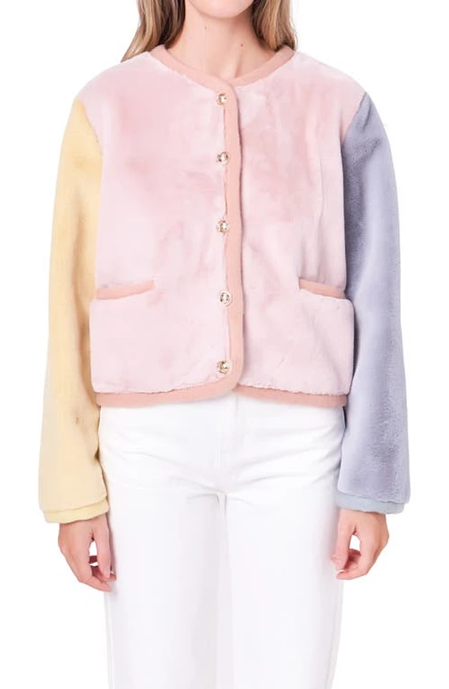 English Factory Colorblock Faux Fur Jacket Pink Multi at Nordstrom,