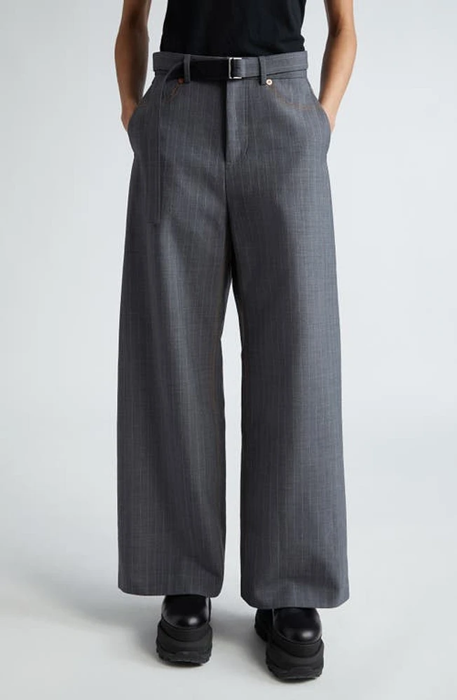 Sacai Pinstripe Belted Trousers in Gray at Nordstrom, Size 1