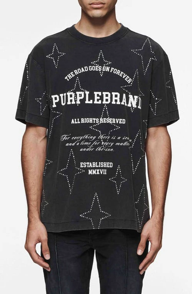 PURPLE BRAND Crystal Embellished Textured Jersey Graphic T-Shirt Black at Nordstrom,