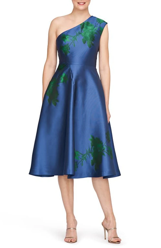 Kay Unger Leai Floral One-Shoulder A-Line Midi Dress Denim at Nordstrom,