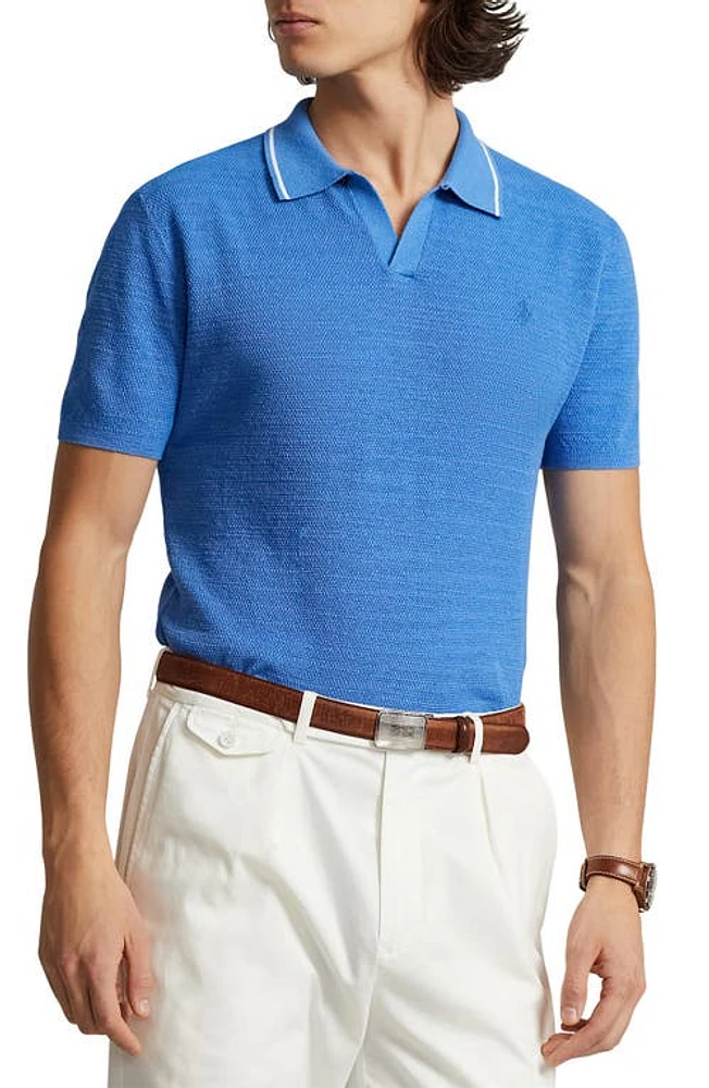 Polo Ralph Lauren Tipped Cotton & Linen Johnny Collar New England Blue at Nordstrom,