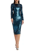 Dress the Population Emery Long Sleeve Sequin Cocktail Midi Deep Teal at Nordstrom,