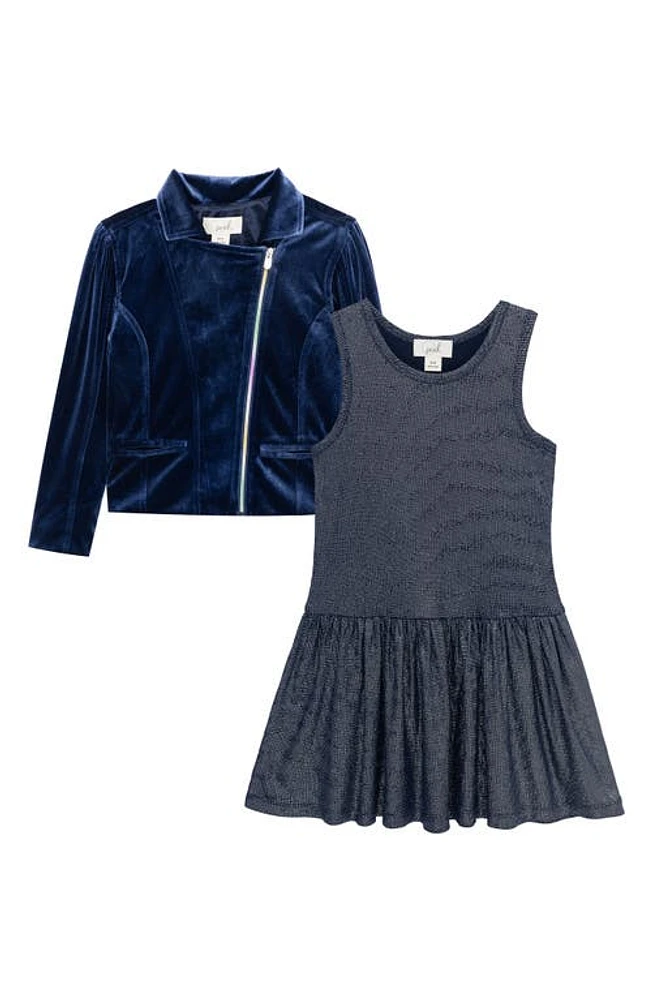 Peek Aren'T You Curious Kids' Velour Moto Jacket & Glitter Dress Navy at Nordstrom,