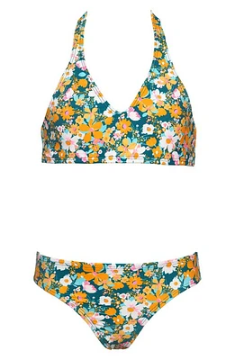 Hobie Kids' Retro Halter Floral Two-Piece Swimsuit in Orange Multi at Nordstrom, Size 7