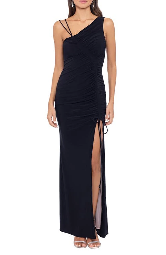 Xscape Evenings Ruched Asymmetric Neck Gown Black at Nordstrom,