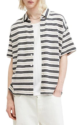 AllSaints Jackson Oversize Stripe Short Sleeve Knit Button-Up Shirt Chalk White at Nordstrom,