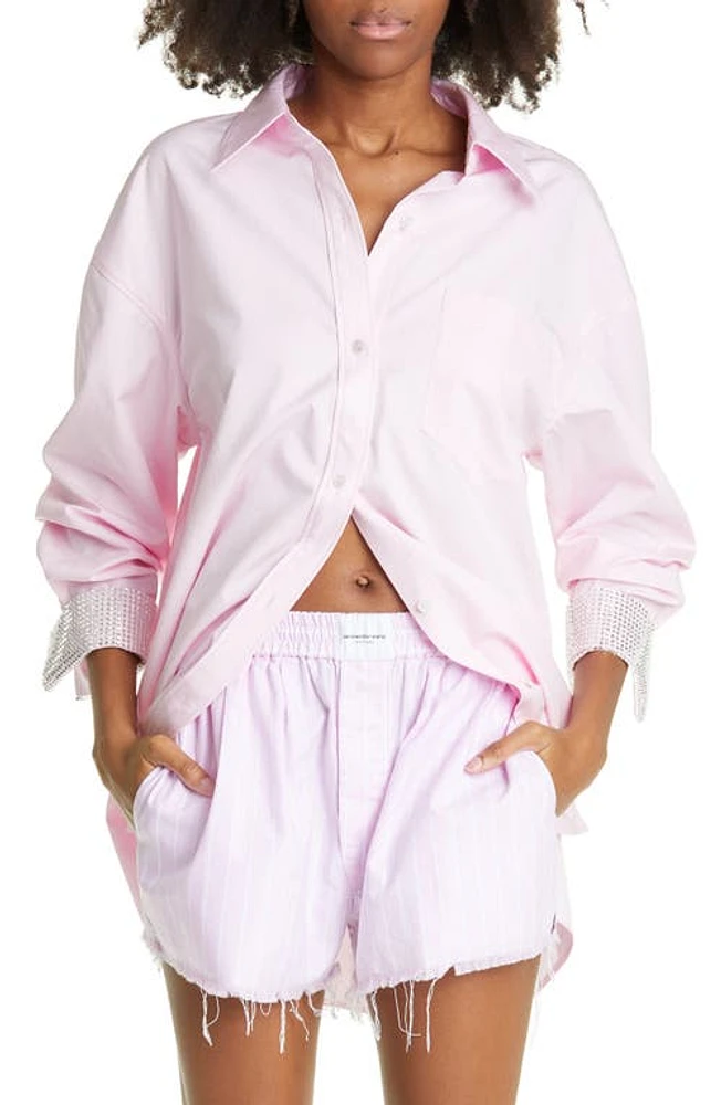 Alexander Wang Athena Oversize Crystal Cuff Cotton Poplin Button-Up Shirt in Light Pink at Nordstrom, Size Large