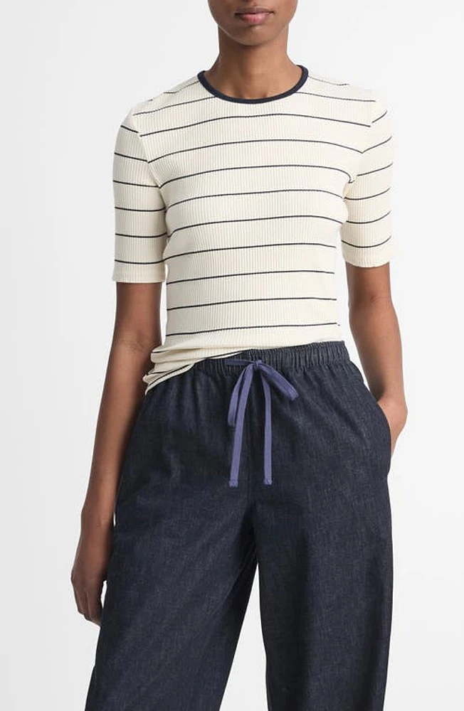 Vince Stripe Short Sleeve Knit Top Flaxen/Deep Lake at Nordstrom,