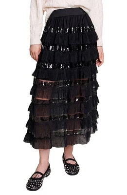 maje Sequin Ruffle Maxi Skirt Black at Nordstrom,