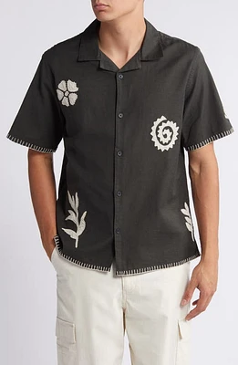 Wax London Didcot Doodle Embroidery Short Sleeve Cotton & Linen Button-Up Shirt Black /Beige at Nordstrom,