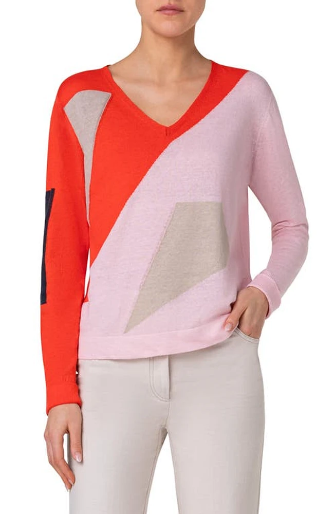 Akris Spectra Linen & Cotton Intarsia V-Neck Sweater Poppy-Multicolor at Nordstrom,