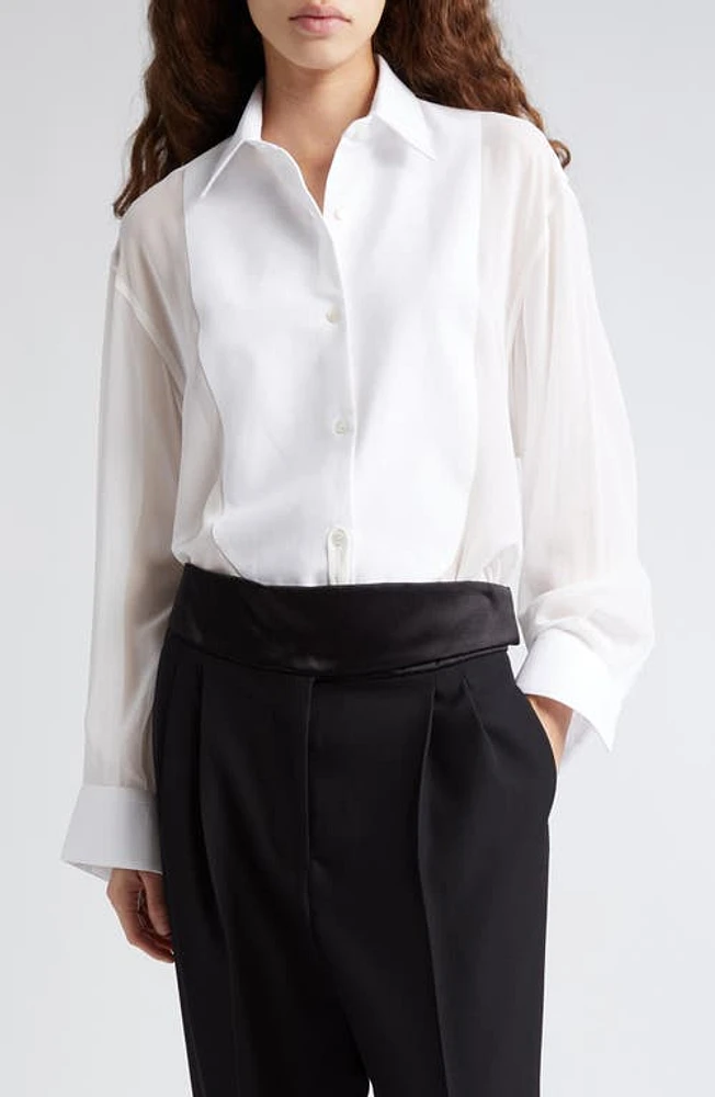 Stella McCartney Oversize Organic Cotton Poplin & Silk Chiffon Tuxedo Shirt in White at Nordstrom, Size 8 Us