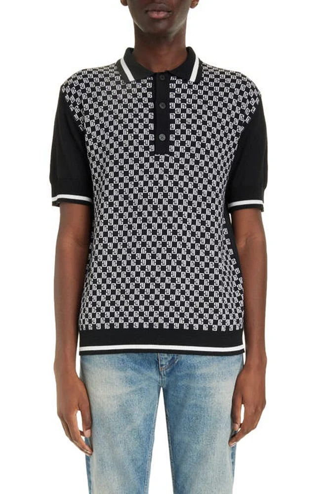 Balmain Monogram Jacquard Short Sleeve Merino Wool Polo Sweater Eab Black/White at Nordstrom,