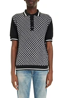 Balmain Monogram Jacquard Short Sleeve Merino Wool Polo Sweater Eab Black/White at Nordstrom,