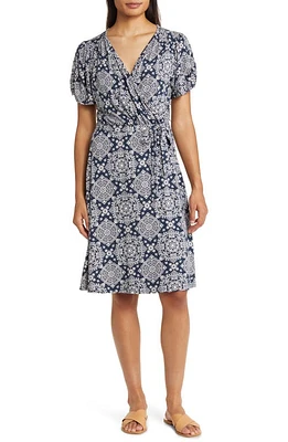 Loveappella Short Sleeve Faux Wrap Dress Navy/Ivory at Nordstrom,