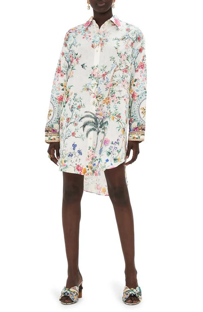 Camilla Plumes & Parterres Print Dual Placket Linen Button-Up Shirtdress And at Nordstrom,