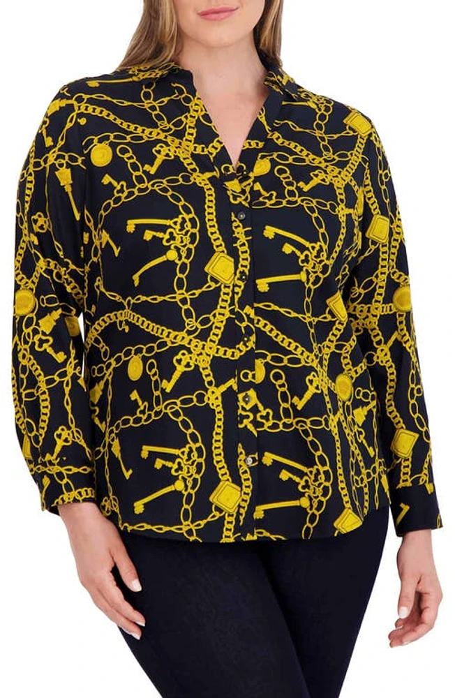 Foxcroft Mary Print Cotton Sateen Button-Up Shirt Black/Yellow at Nordstrom,