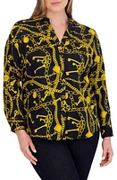 Foxcroft Mary Print Cotton Sateen Button-Up Shirt Black/Yellow at Nordstrom,