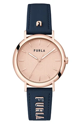 Furla Easy Shape Leather Strap Watch, 38mm in Rose Gold/Rose Gold/Blue at Nordstrom