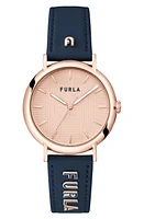 Furla Easy Shape Leather Strap Watch, 38mm in Rose Gold/Rose Gold/Blue at Nordstrom