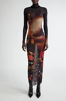 Jean Paul Gaultier City Print Long Sleeve Sheer Mesh Turtleneck Dress Black/Red/Orange/Blue at Nordstrom,