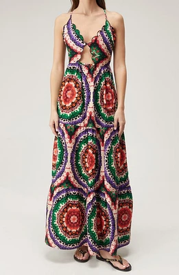 NASTY GAL Boho Print Scallop Trim Cutout Maxi Dress Red Multi at Nordstrom,