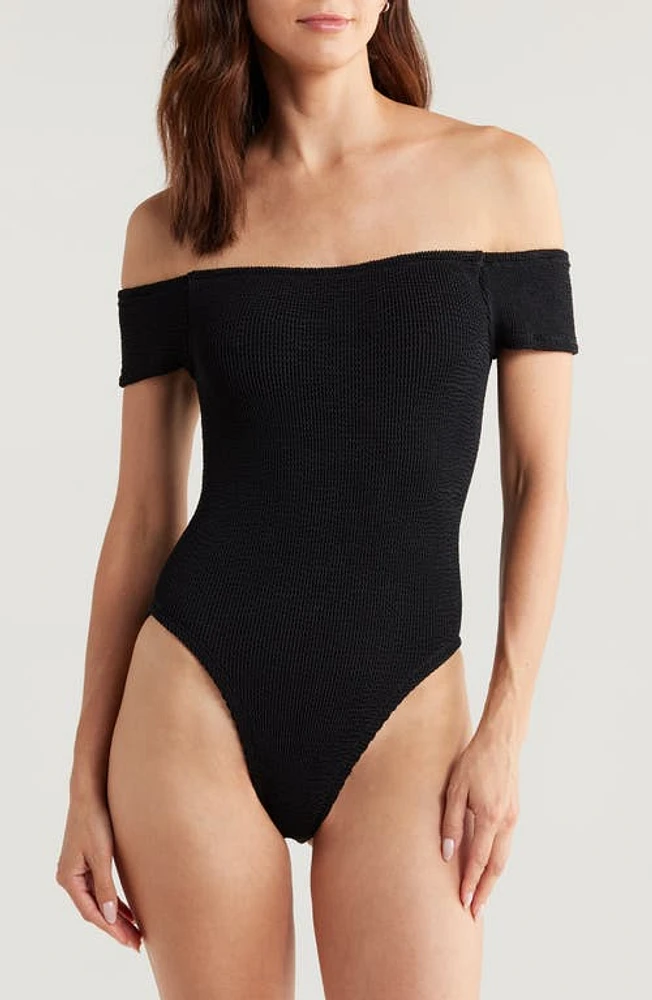 Hunza G Grace Off the Shoulder Seersucker One-Piece Swimsuit in Black at Nordstrom