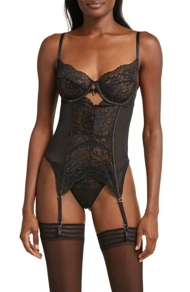 Coquette Lace Underwire Bustier, Garter & Thong Set Black at Nordstrom,