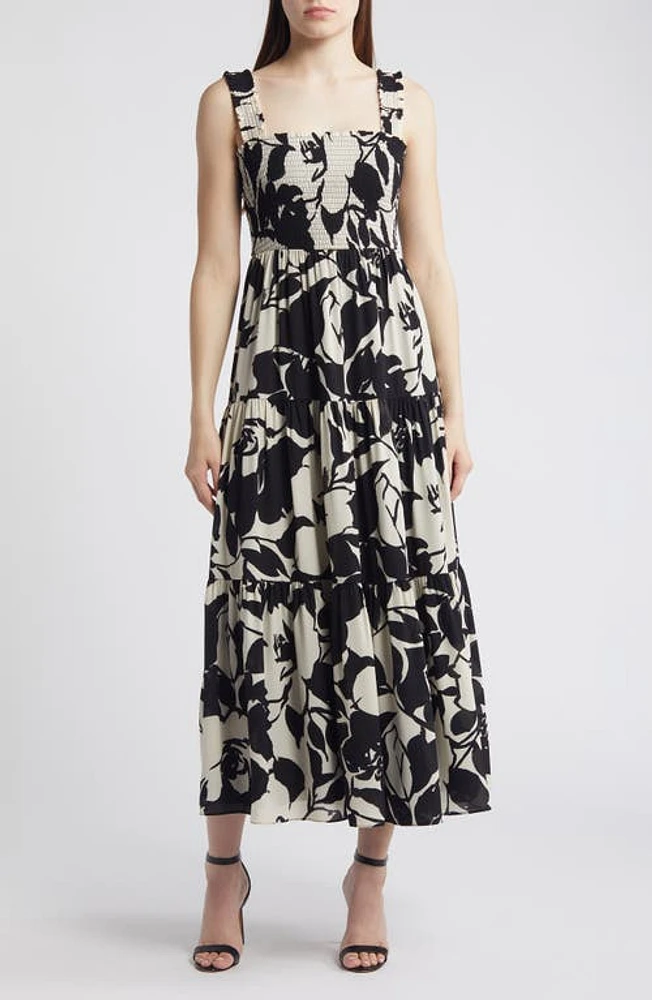 Anne Klein Leaf Smocked Tiered Midi Sundress Black/Ivory at Nordstrom,