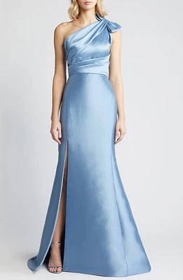 Amsale Bow Detail One-Shoulder Mikado Mermaid Gown Smokey Blue at Nordstrom,