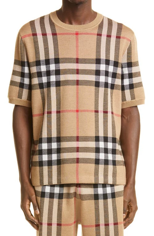 burberry Wells Check Jacquard Silk & Wool Sweater T-Shirt Soft Fawn at Nordstrom,