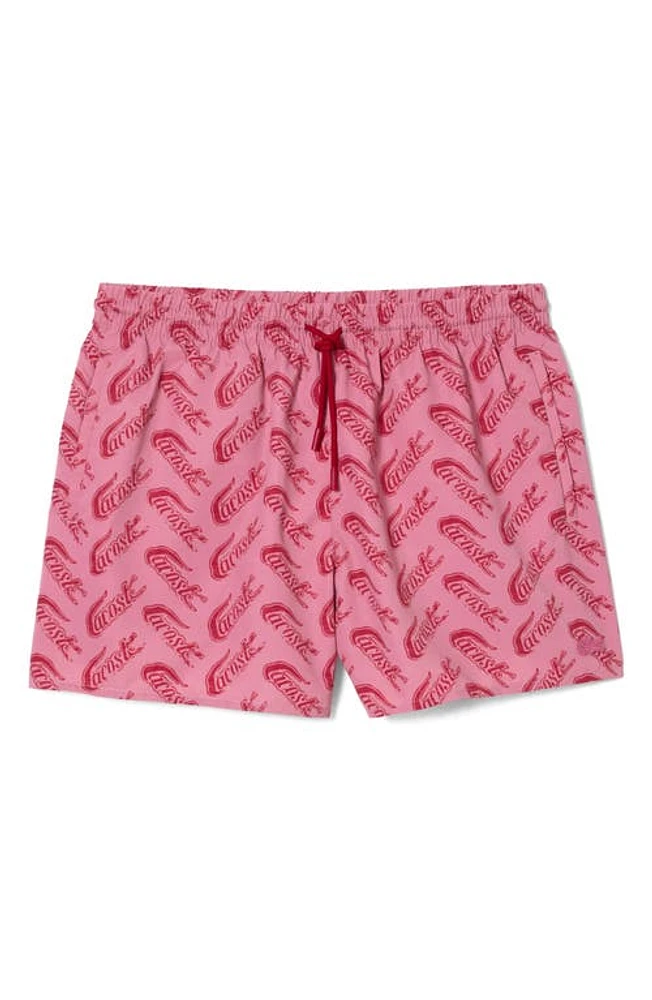 Lacoste Logo Print Cotton Swim Trunks Ay1 Lighthouse Red/Reseda at Nordstrom,