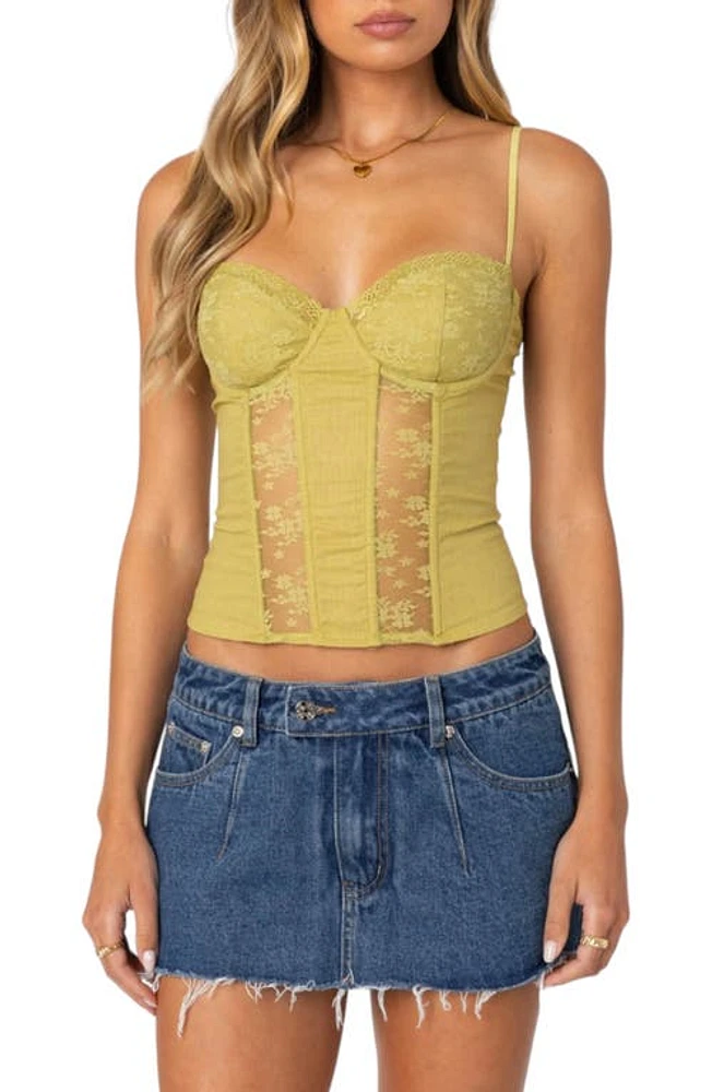 EDIKTED Avena Lace Panel Linen & Cotton Corset Top Green at Nordstrom,