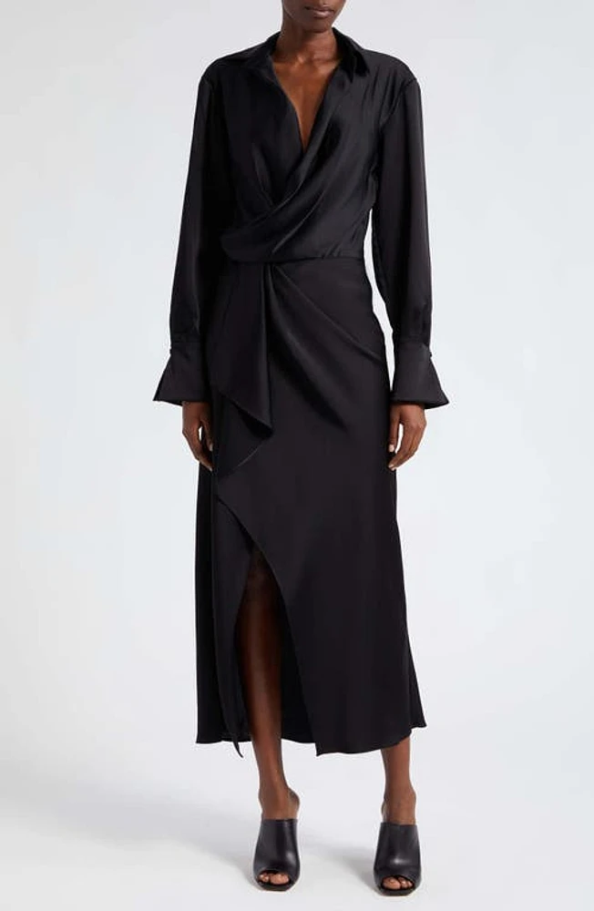 Simkhai Talita Long Sleeve Faux Wrap Satin Dress Black at Nordstrom,