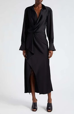 Simkhai Talita Long Sleeve Faux Wrap Satin Dress Black at Nordstrom,