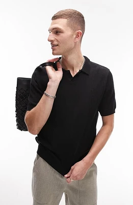 Topman Johnny Collar Pointelle Polo in Black at Nordstrom, Size Small