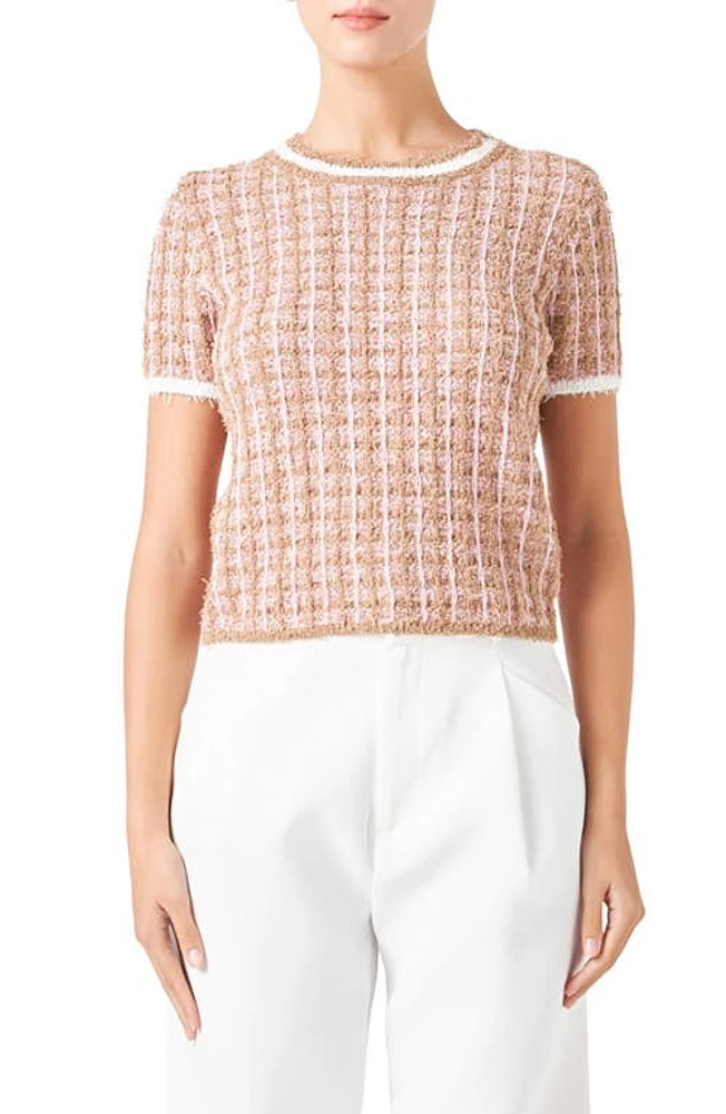 Endless Rose Check Tweed Sweater in Camel/Pink at Nordstrom, Size Small