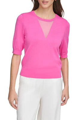 DKNY Sheer Mesh Illusion V-Neck Sweater Shocking Pink at Nordstrom,