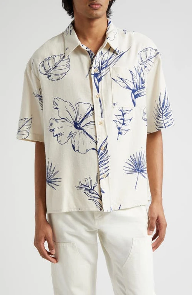 The Elder Statesman Gender Inclusive Botanic Short Sleeve Cotton & Silk Button-Up Shirt Natural W/Atlantic at Nordstrom,