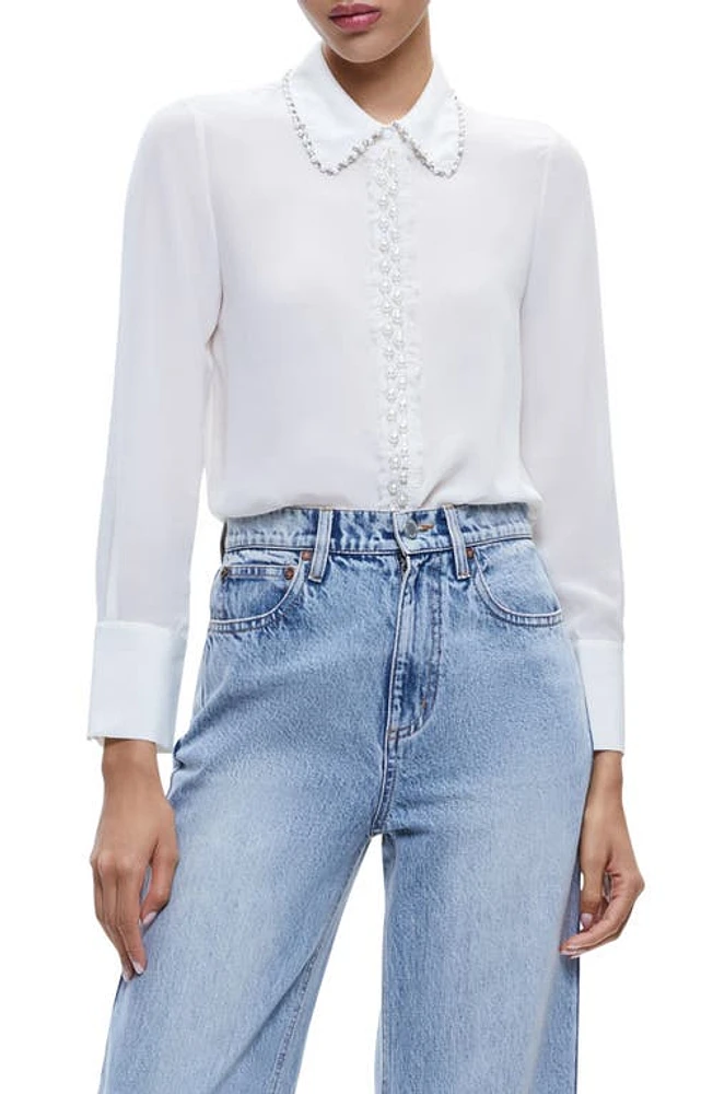 Alice + Olivia Willa Imitation Pearl Embellished Silk Button-Up Shirt Off White at Nordstrom,