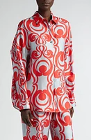 Dries Van Noten Print Oversize Silk Button-Up Shirt Red 352 at Nordstrom,