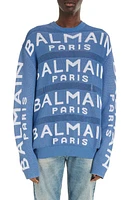 Balmain Logo Jacquard Crewneck Sweater Slj Pale Blue/White at Nordstrom,