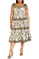 City Chic Alison Border Tie Strap Tiered Midi Sundress in Tropics at Nordstrom, Size Xs