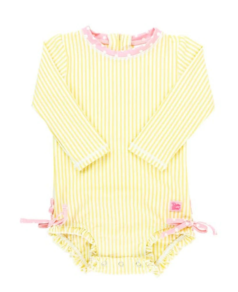 RuffleButts Girls Seersucker Long Sleeve UPF50+ One Piece Rash Guard in Banana at Nordstrom